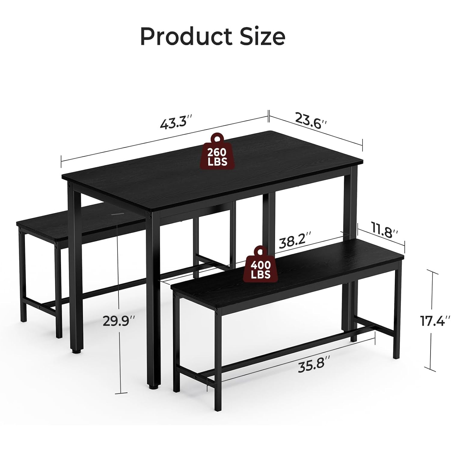 Tatub Dining Table Set For 4, 3-Piece Kitchen Table With 2 Benches, Space-Saving Dining Room Set For Breakfast Nook And Small Spaces, Black