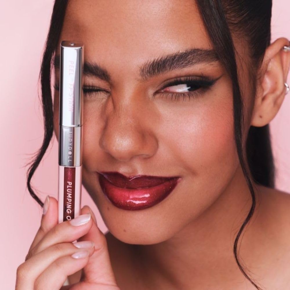 JUDYDOLL Peel Off Stain and Plumping Oil Duo - Long-Lasting Lip Stain with 3D Plumping Gloss, Hydrating and Non-Sticky Formula (#03 Cherry Spark)