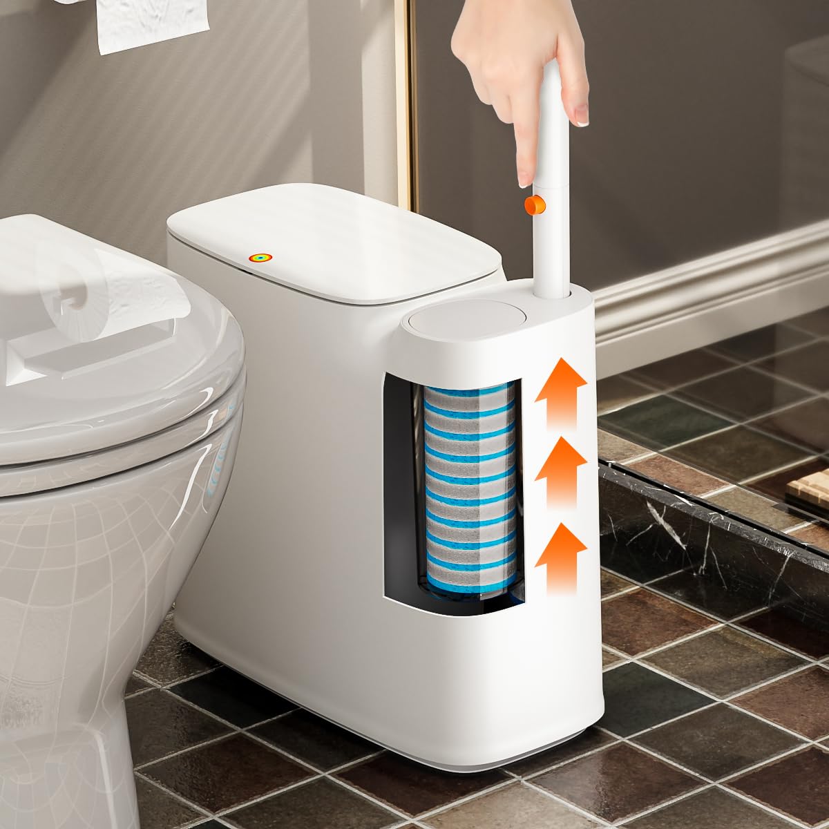 Bathroom Trash Can Set - Narrow White Plastic Small Trash Can, A Toilet Wand, Toilet Brush Holder And 36 Refills, 2 Gallon Trash Can With Pop-Up Lid, Suitable For Bathrooms And Small Toilets.
