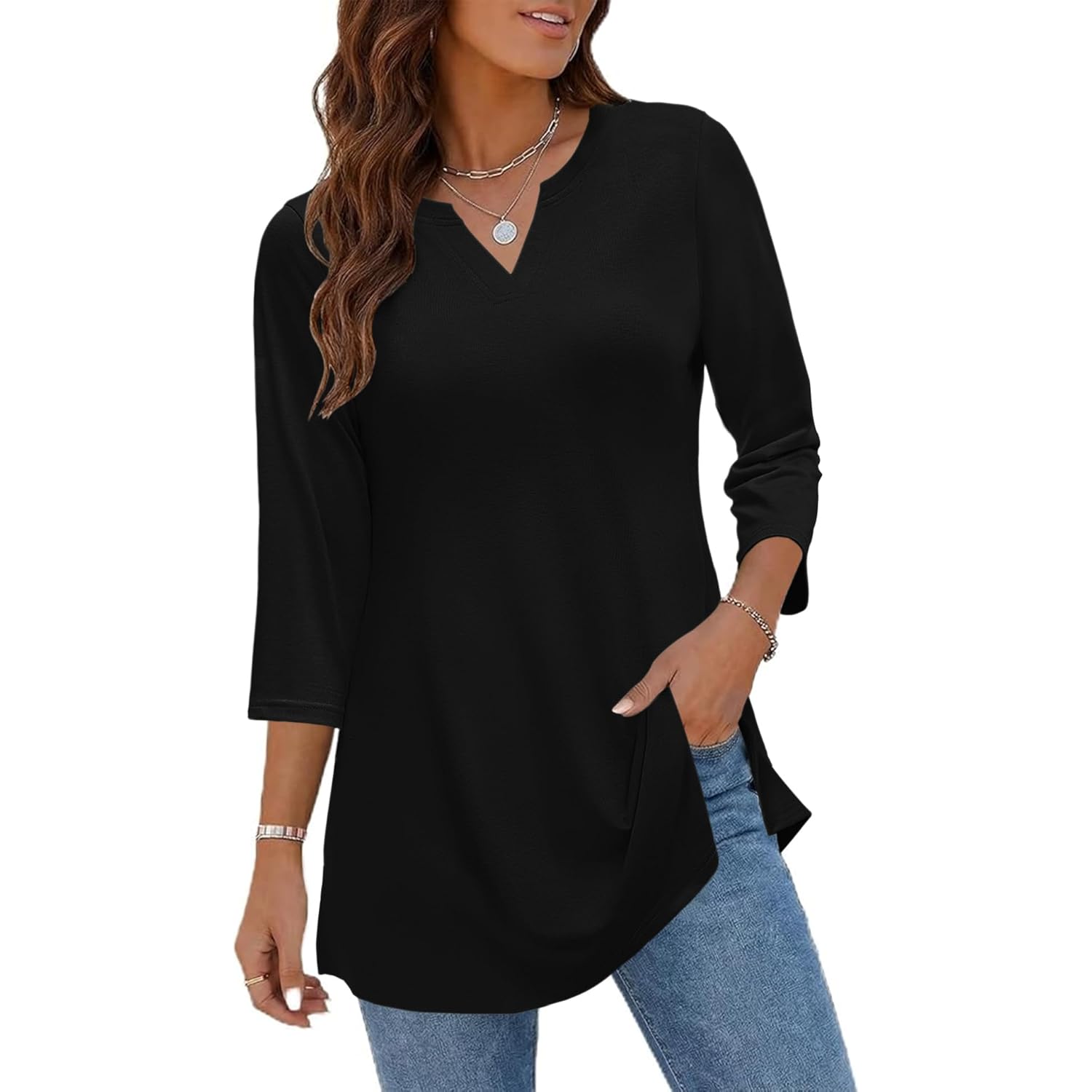 3/4 Length Sleeve Womens Tops Dressy Casual Plus Size V Neck Tunics to Wear with Leggings Side Slit Shirt