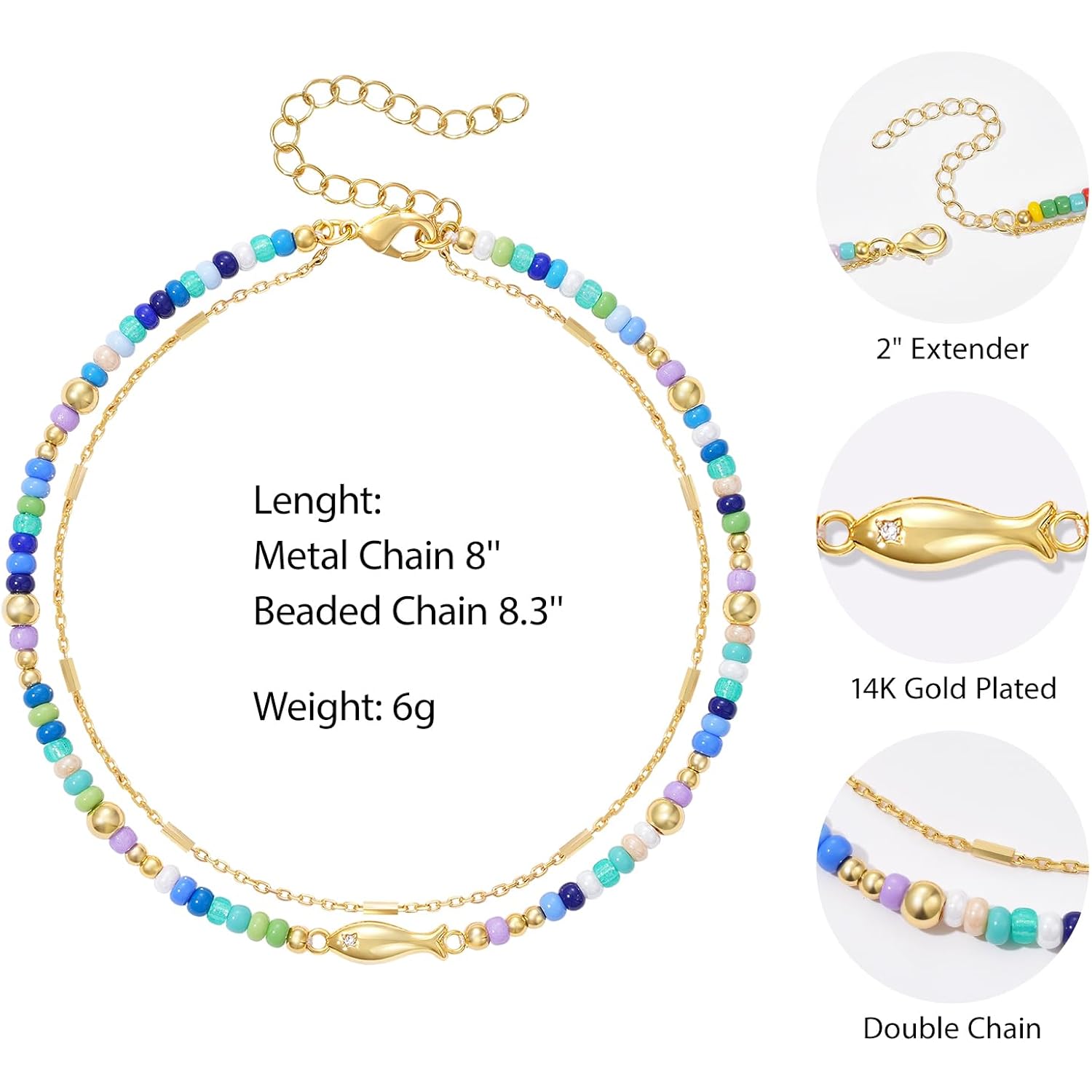 KELORIS PATH Layered Ankle Bracelets for Women, Beaded Anklets with 14K Gold Fish Adjustable Summer Waterproof Handmade Jewelry