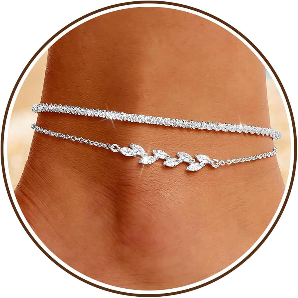 Sterling Silver Anklets Bracelets for Women 14k Gold Plated Waterproof Layered Stackable CZ Charm Non Tarnish Adjustable Anklet for Summer Beach Birthday Jewelry Gift