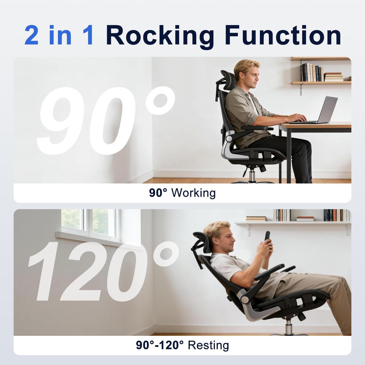 Marrap Ergonomic Office Chair, Mesh Desk Chair With 3D Armrests, Adjustable Lumbar Support And Headrest, 90-120° Rocking Function, Black