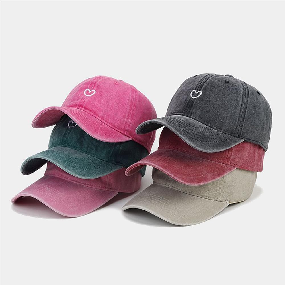 Cute Heart Hats for Women Vintage Washed Cotton Embroidered Baseball Cap Adjustable Low Profile Dad Hat