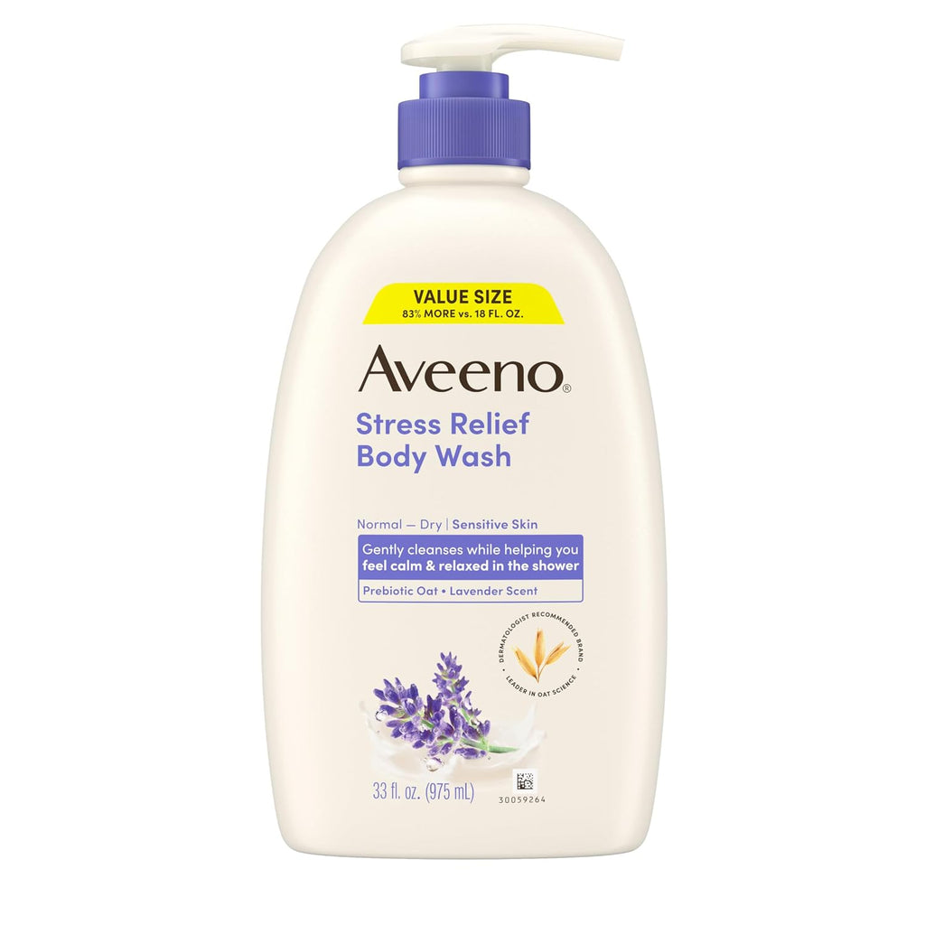 Aveeno Stress Relief Body Wash, Lavender Scent With Nourishing Prebiotic Oat, Sensitive Skin Body Wash For Normal To Dry Skin, Paraben-, Dye-, And Soap-Free, Value Size 33 Fl Oz