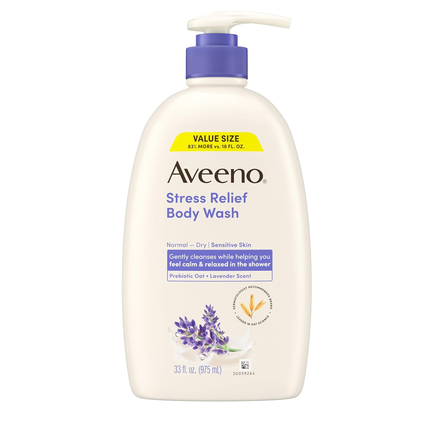 Aveeno Stress Relief Body Wash, Lavender Scent With Nourishing Prebiotic Oat, Sensitive Skin Body Wash For Normal To Dry Skin, Paraben-, Dye-, And Soap-Free, Value Size 33 Fl Oz
