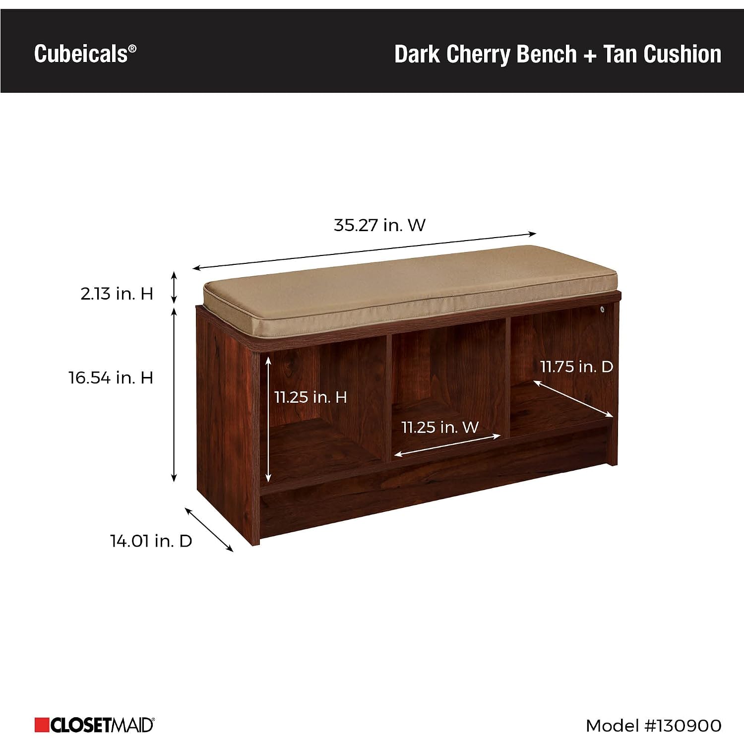 Closetmaid 1309 3-Cube Storage Bench, Dark Cherry With Tan Cushion