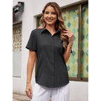 Womens Button Down Shirt Short Sleeve Wrinkle Free Blouse Fitted Work Business Casual Collared Office Tops