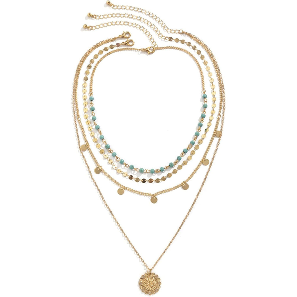 Gold Layered Turquoise Necklace for Women Multi Boho Long Necklace Bohemian Coin Pendant Necklaces Jewelry