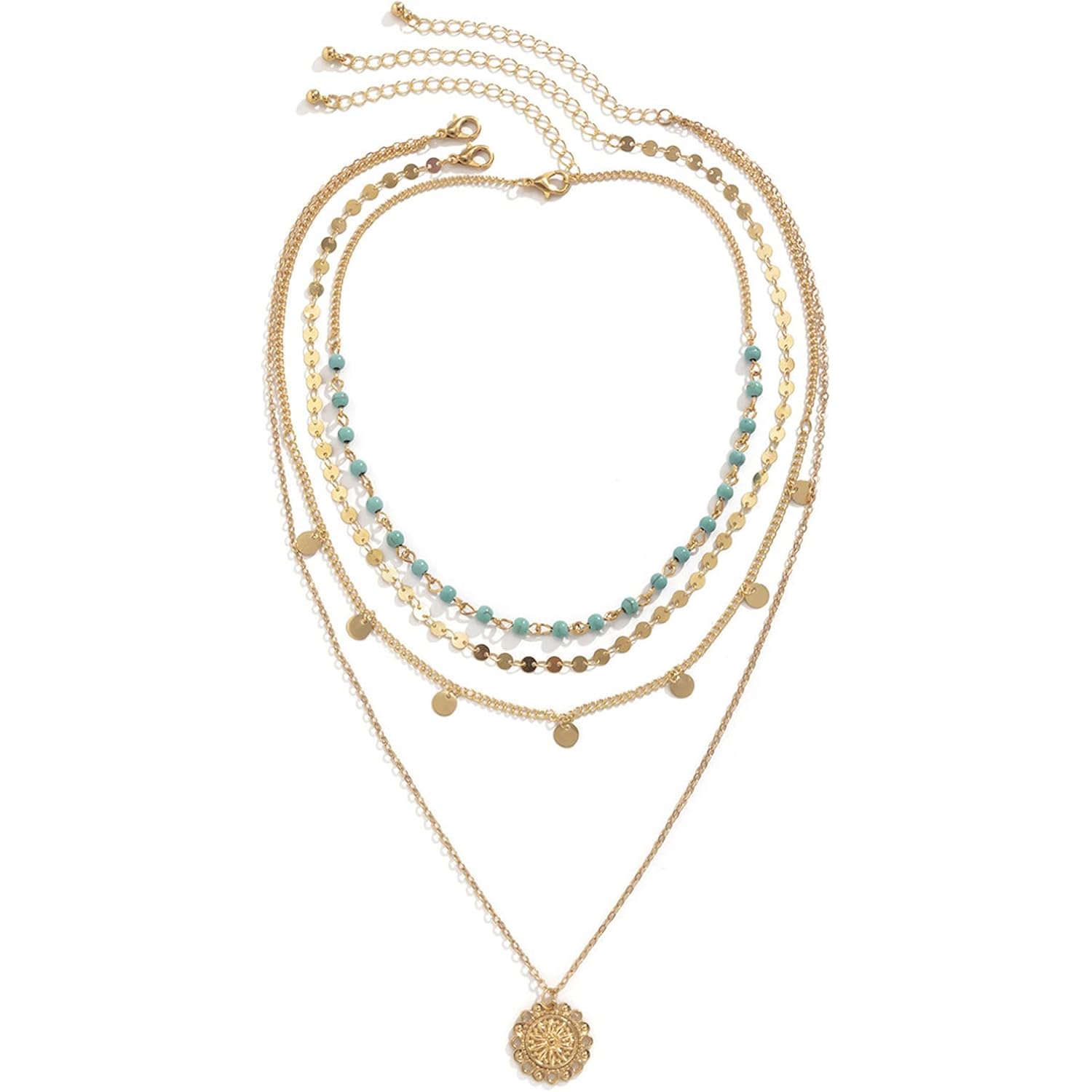 Gold Layered Turquoise Necklace for Women Multi Boho Long Necklace Bohemian Coin Pendant Necklaces Jewelry