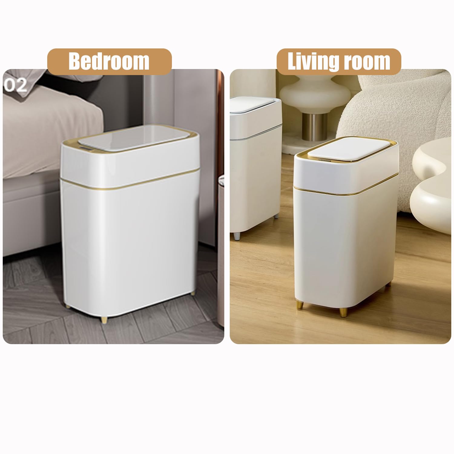 Yatmung 2-Pack - Automatic Compact Trash Can With Touchless Lid Smart Garbage Can - Waste Basket For Bathroom, Bedroom, Laundry Room, Small Spaces - Motion Sensor Trash Bin - White With Gold Edge