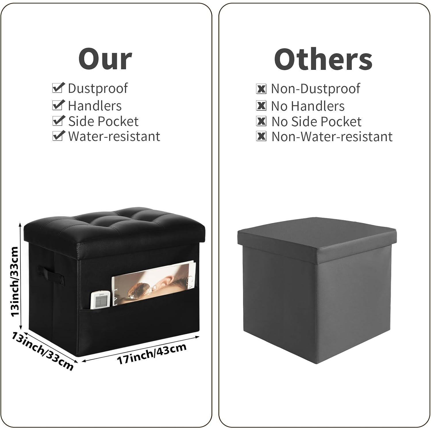 Storage Ottoman Foot Rest Stool With Thicker Foam Padded Seat. Foldable Leather Footstool Bench. Small Ottoman With Storage For Living Room Bedroom Coffee Table 350 Lbs, 17X13X13In, Black.