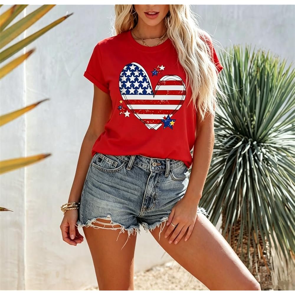 4th of July Shirts Women American Flag Patriotic T-Shirts USA Star Stripes Graphic Tee Tops
