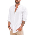 Makkrom Men Linen Shirt Button Down Long Sleeve Cotton Beach Band Collar Casual Summer Shirts