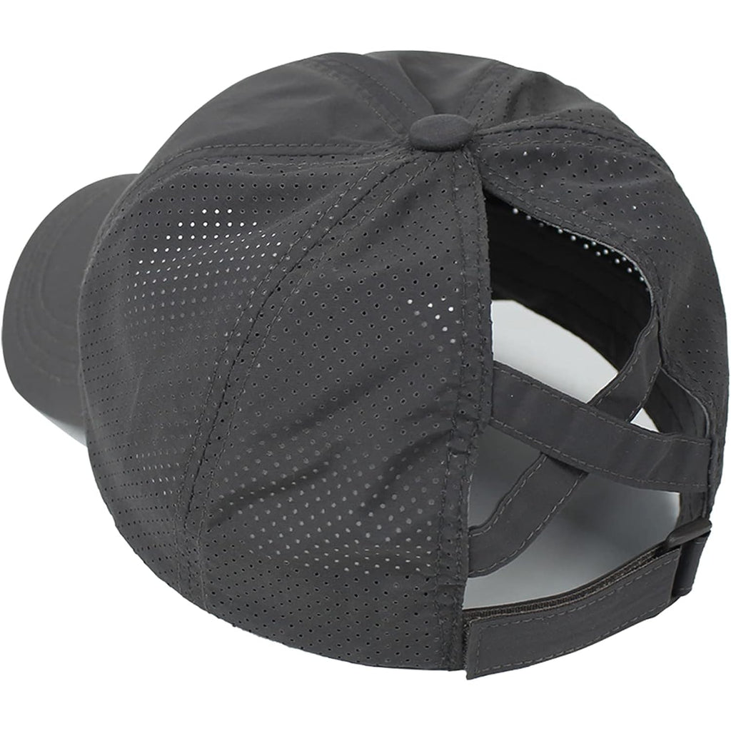 HGGE Womens Criss Cross Ponytail Baseball Cap High Messy Bun Ponycap Trucker Hat Quick Drying Mesh Dad Hat for Outdoor Sports Dark Grey