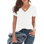 Imily Bela Womens V Neck Short Sleeve T-Shirt Loose Fit Solid Color Basic Tee Lightweight Non-Sheer Summer Tunic Tops