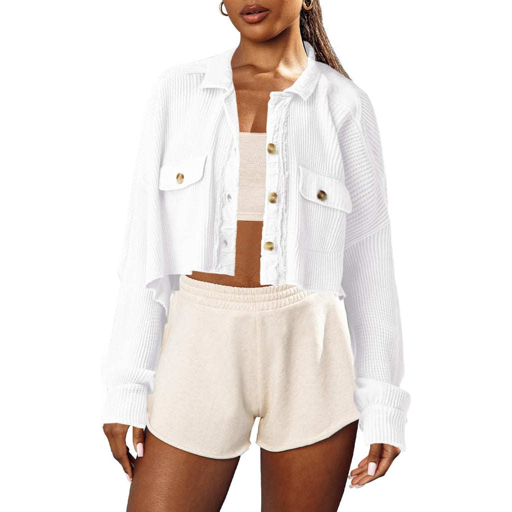 Panadila Women'S Cropped Waffle Knit Shacket Short Button Down Jacket Batwing Sleeve Shirts With Pocket