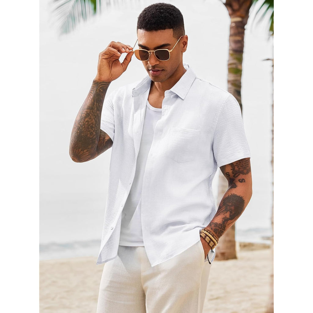 Runcati Mens Button Down Shirts Casual Short Sleeve Shirt Textured Linen Summer Beach Tops With Pocket