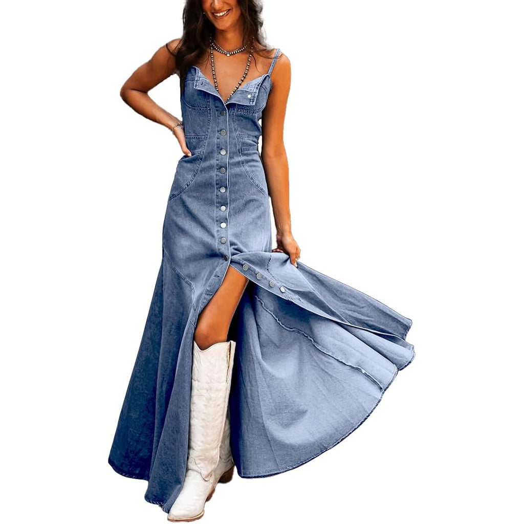 Chouyatou Women'S Spaghetti Strap Smocked Back Denim Dress Button Down A-Line Swing Flowy Maxi Jean Dress