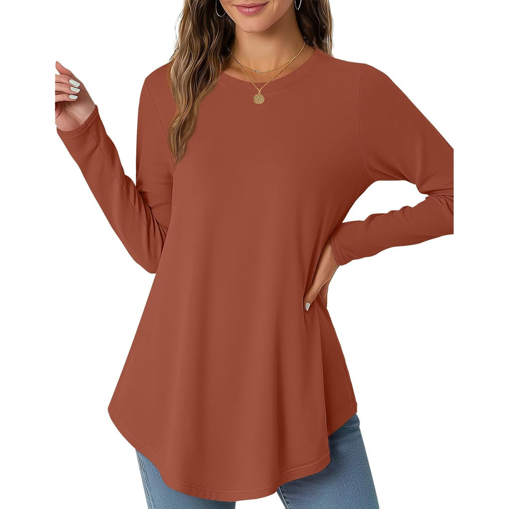 Womens Long Sleeve Tunic Tops Crew Neck Shirts for Leggings Fall Curved Hem Flowy Tops Casual 2026 Trendy