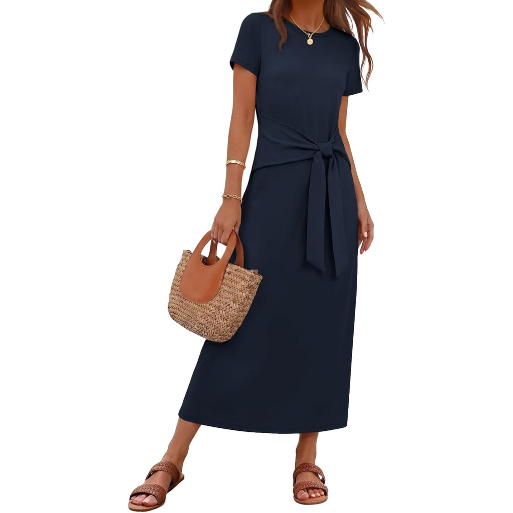 Merokeety Women'S Summer Maxi Dresses 2026 Casual Spring Short Sleeve Tie Waist Work Beach Vacation T Shirt Long Dress