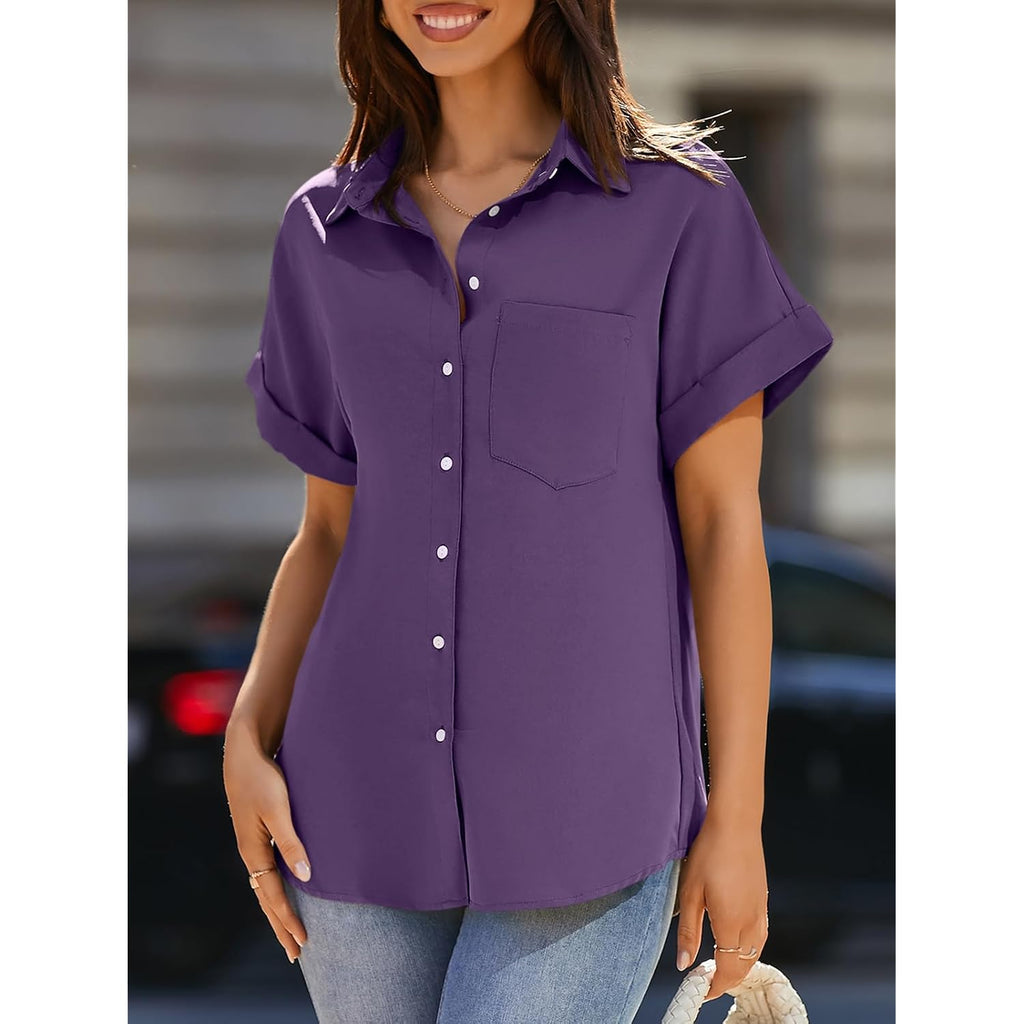 Beautife Button Down Shirts For Womens Short Sleeve Blouses V Neck Collared Casual Summer Tops With Pockets