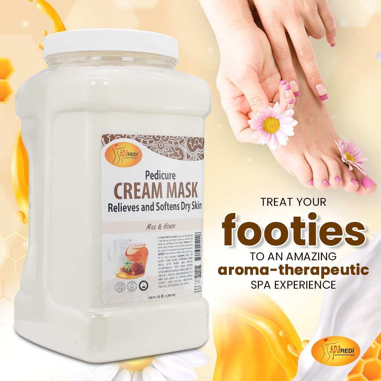 SPA REDI - Body and Foot Cream Mask, Milk and Honey, 128 Oz - Pedicure Massage for Tired Feet and Body, Hydrating, Fresh Skin - Infused with Hyaluronic Acid, Amino Acids, Panthenol, Comfrey Extract