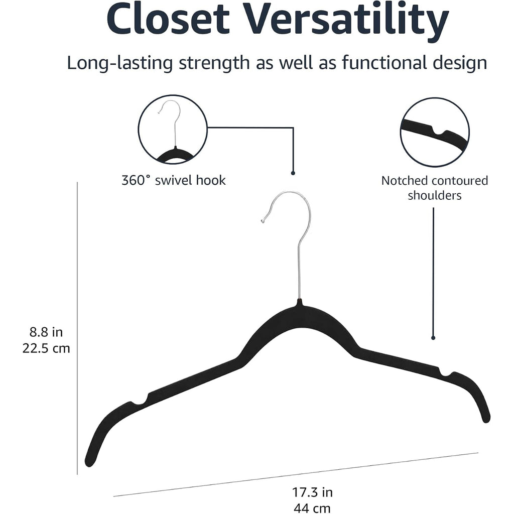 Amazon Basics Space-Saving Slim Velvet Non-Slip Clothes Hangers For Closet Organization With Shoulder Notches, Black/Silver, 30-Pack