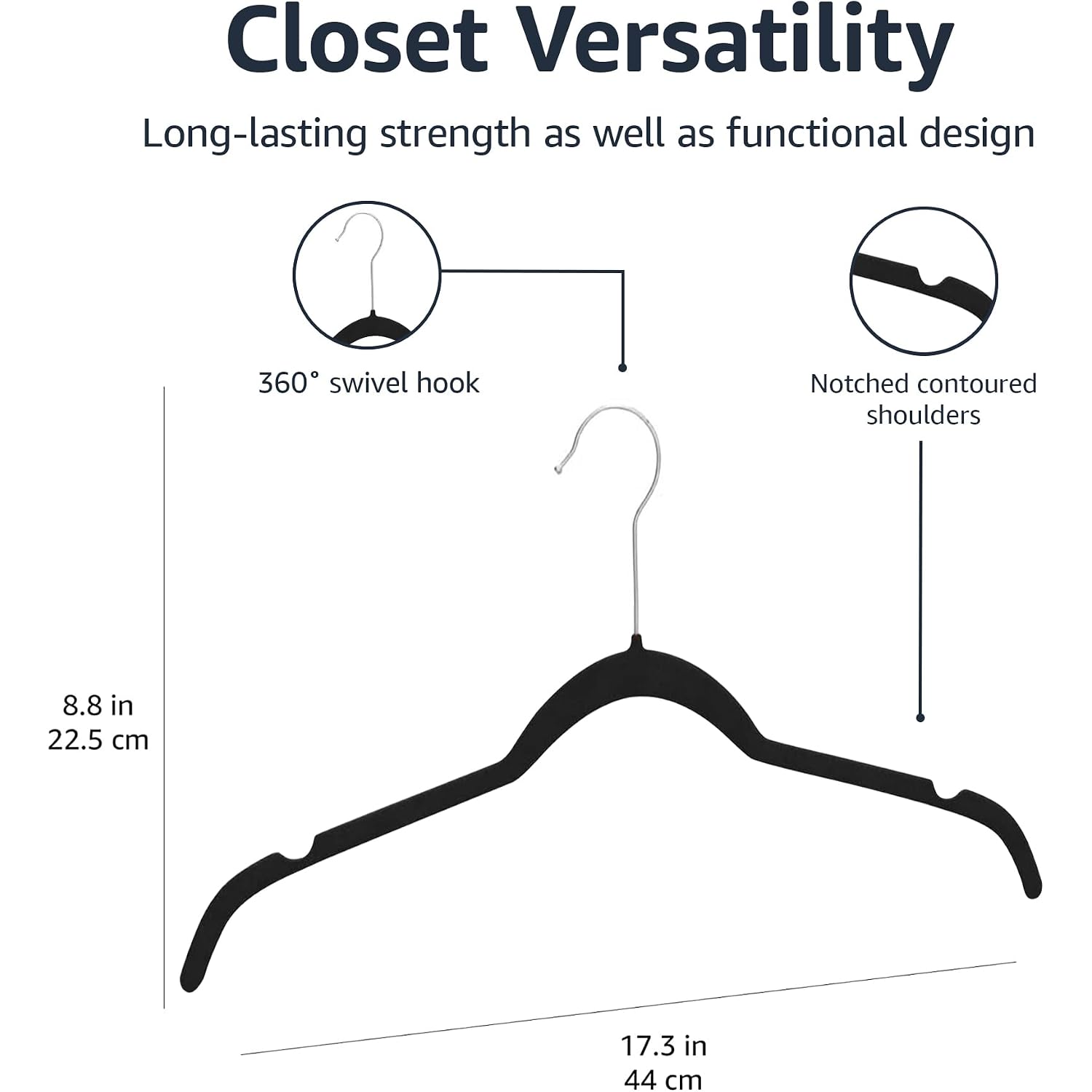 Amazon Basics Space-Saving Slim Velvet Non-Slip Clothes Hangers For Closet Organization With Shoulder Notches, Black/Silver, 30-Pack