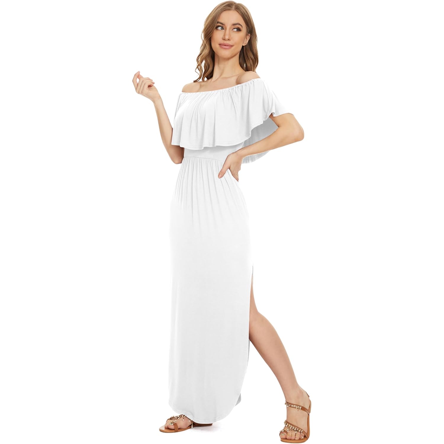Lilbetter Womens Off The Shoulder Ruffle Party Dresses Side Split Beach Maxi Dress