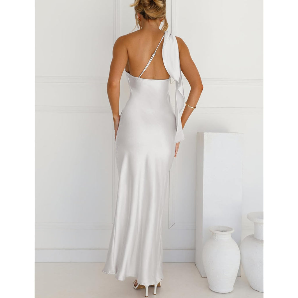 2026 Satin One Shoulder Maxi Dress For Women Summer Silk Formal Elegant Backless Ruffle Sleeveless Wedding Guest Dresses