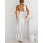 2026 Satin One Shoulder Maxi Dress For Women Summer Silk Formal Elegant Backless Ruffle Sleeveless Wedding Guest Dresses