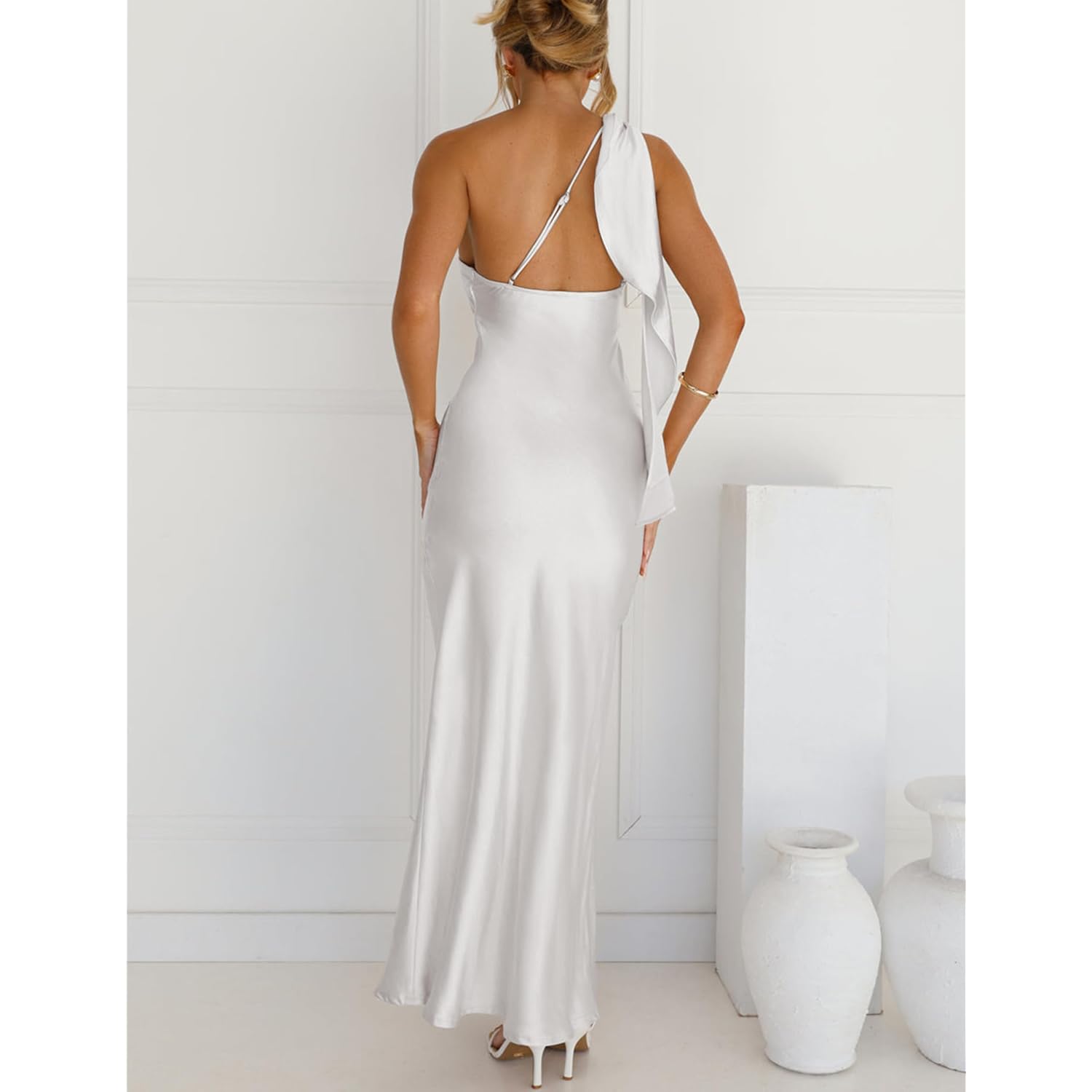 2026 Satin One Shoulder Maxi Dress For Women Summer Silk Formal Elegant Backless Ruffle Sleeveless Wedding Guest Dresses