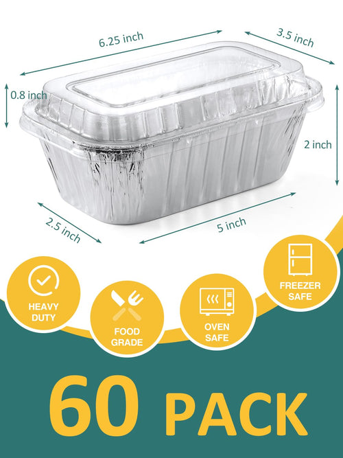 60 Pack 6X3.5X2 Disposable Aluminum Loaf Pans With Lids Small-Aluminum-Foil-Pans-Tin-Foil-Baking-Pans-Tin-Trays-Food-Containers-For-Baking-Cakes-Bread-Meat-Loaves
