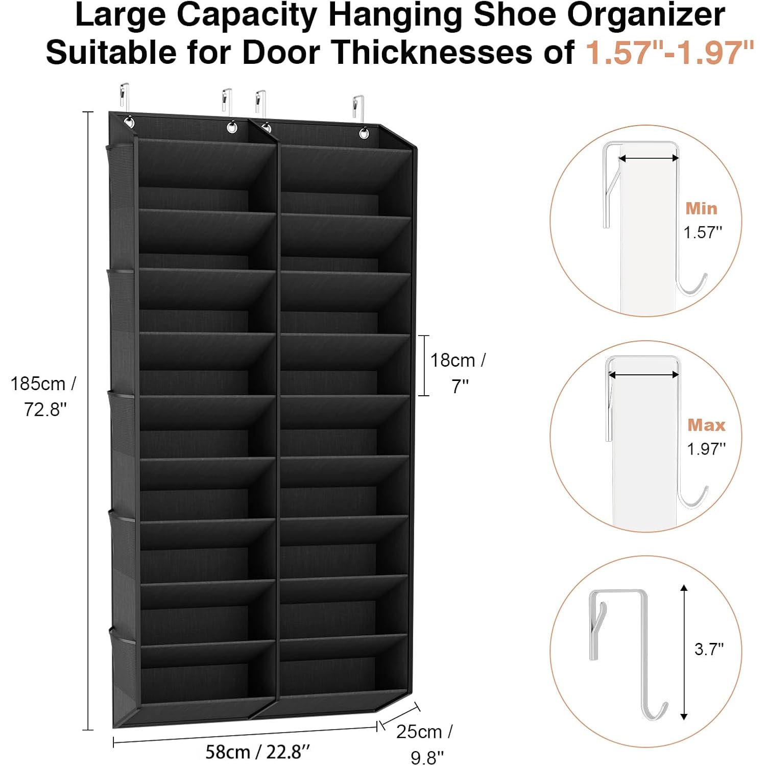 Over The Door Shoe Organizer, Hanging Shoe Rack For Closet Door Shoe Storage For 30 Pairs Sneaker And Boots, Large Shoe Holder For Door With 10 Side Pockets, Space Saving, Black