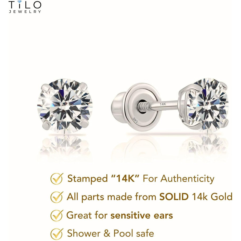 14k White Gold Solitaire Round Cubic Zirconia CZ Stud Earrings in Secure Screw-backs
