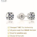 14k White Gold Solitaire Round Cubic Zirconia CZ Stud Earrings in Secure Screw-backs