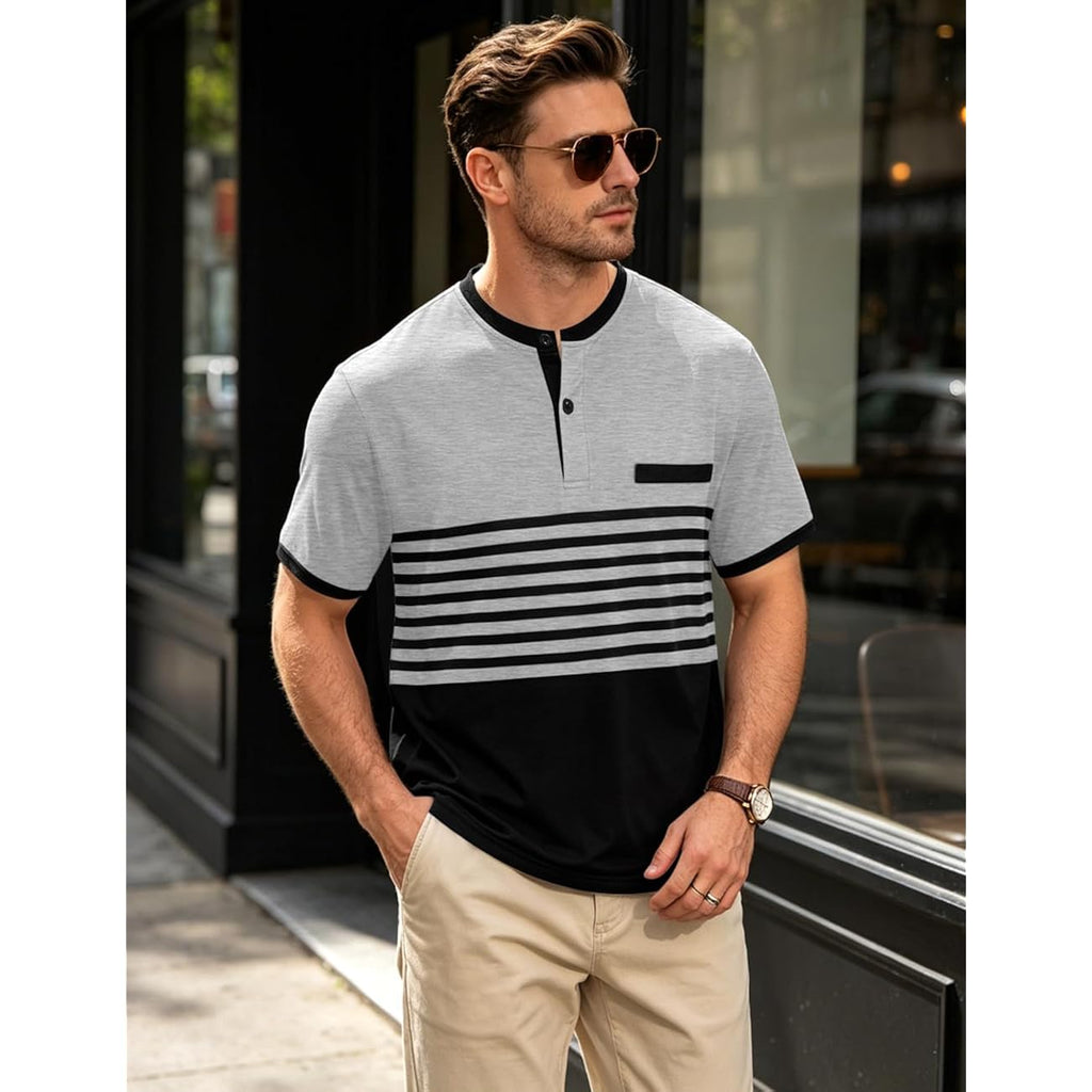 Mens T-Shirts Short Sleeve Button Casual Stylish Basic Tees Work Striped Shirts Henley Summer Lightweight Stretch Top