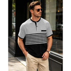 Mens T-Shirts Short Sleeve Button Casual Stylish Basic Tees Work Striped Shirts Henley Summer Lightweight Stretch Top