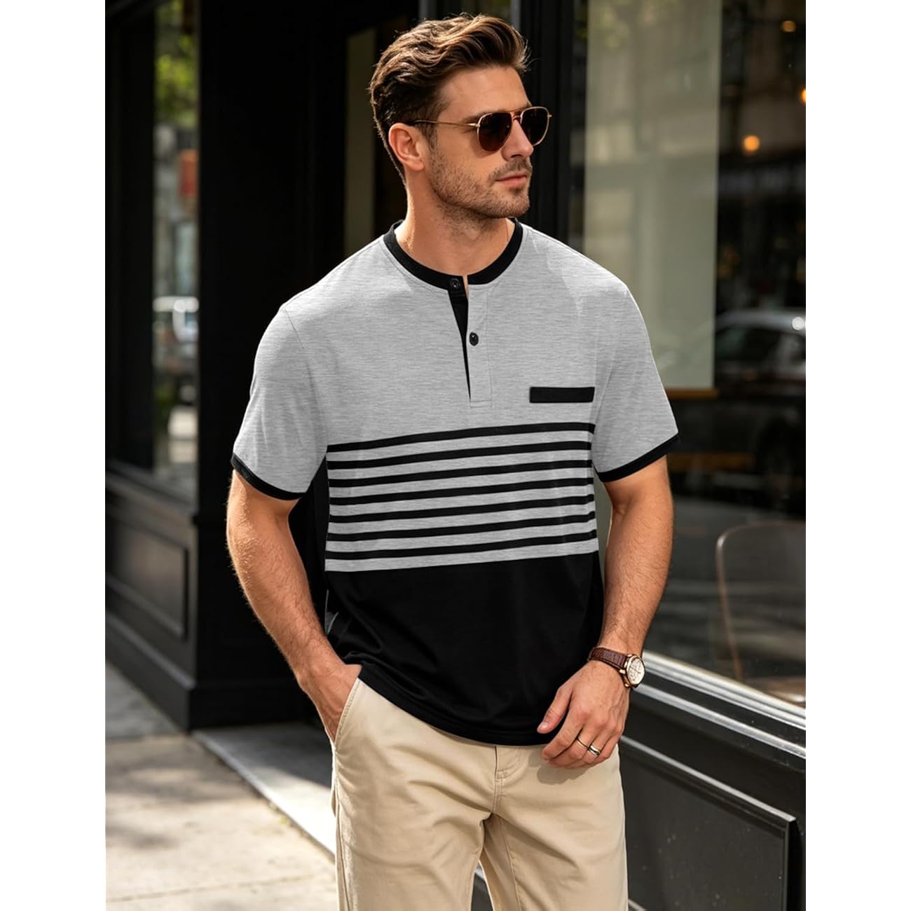 Mens T-Shirts Short Sleeve Button Casual Stylish Basic Tees Work Striped Shirts Henley Summer Lightweight Stretch Top