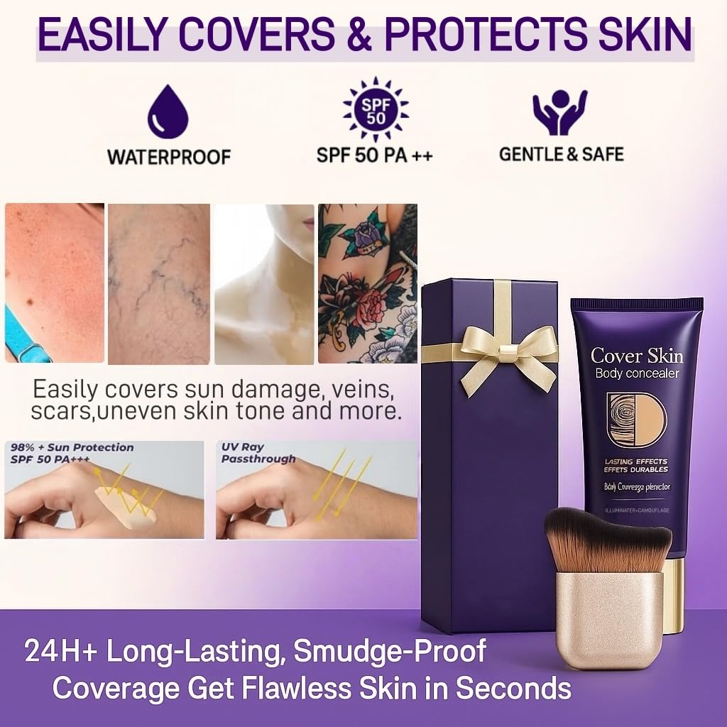 Waterproof Body Concealer With Body Brush for Leg & Body Makeup, Buildable Coverage Body Foundation for Uneven Skin Tone, Fine Lines & Dark Spots, Long-Lasting, Transfer-Resistant Natural Finish