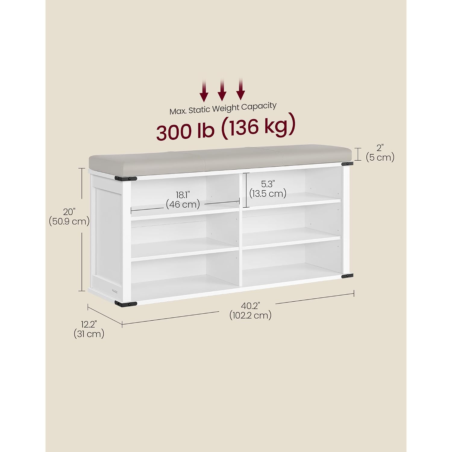 Vasagle Liry Collection - Shoe Storage Bench With Removable Cushion, Shoe Rack With Padded Seat, Entryway Bench With 6 Open Compartmens, Adjustable Shelves, Cloud White Ulsb105W01