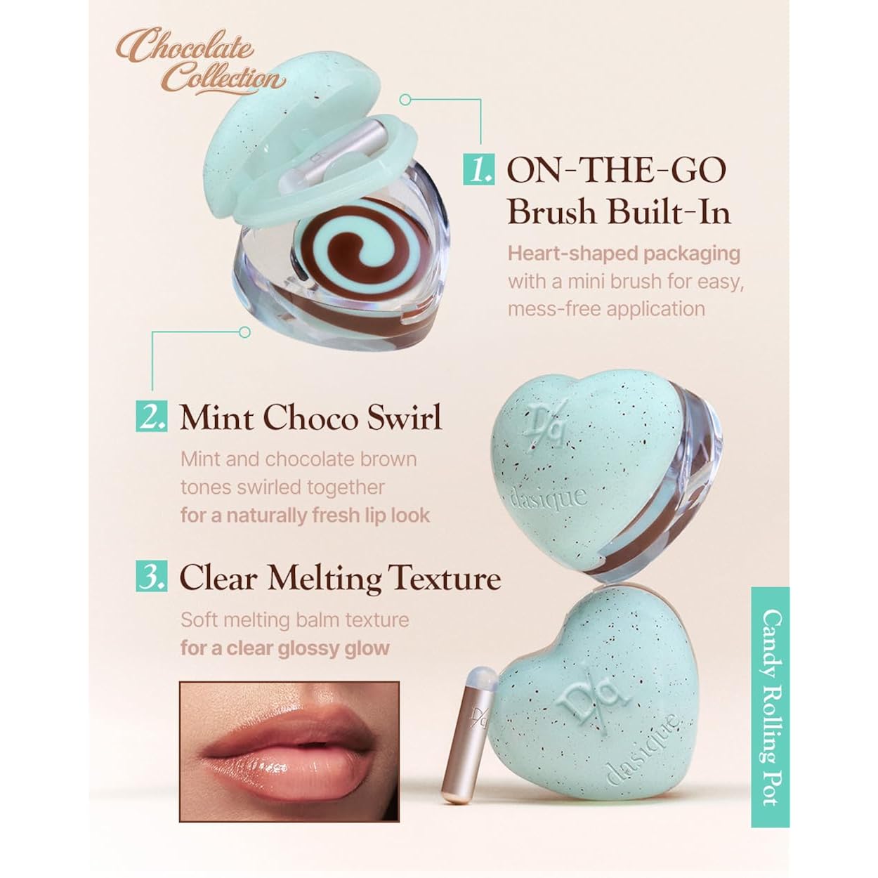 Dasique Candy Rolling Pot #Mint Choco | Lip & Cheek Gloss Balm | Lip & Cheek Balm | Sheer Glossy Finish | Moisturizing Balm Texture | Buildable Color | Korean Makeup | Vegan