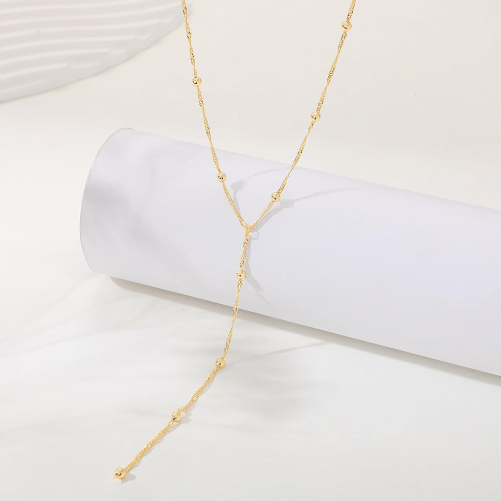 CAROVO Gold Necklace for Women Dainty Long Necklace 14K Gold/Silver Lariat Y-Shaped Pendant Necklaces Trendy Layered Lip Cubic Zirconia Beaded Chain Drop Necklaces Jewelry for Women Gifts