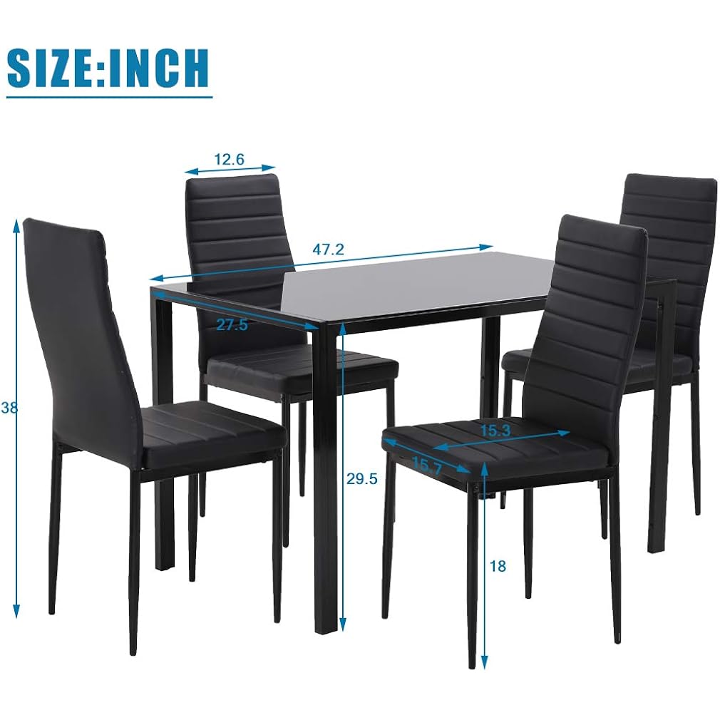 Fdw | 5-Piece Dining Table Set | Black | Glass Kitchen Table With 4 Upholstered Chairs And Faux Leather Cushions | Space-Saving And Modern Design | For Dining Room, Easy To Assemble