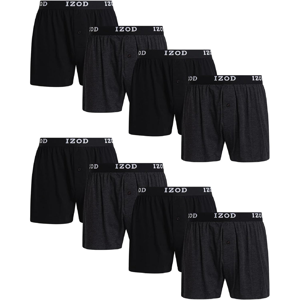 Izod Mens Underwear Boxer Shorts - 8 Pack Soft Performance Knit 4'' Inseam Relaxed Fit Cotton Boxers For Men With Button Fly
