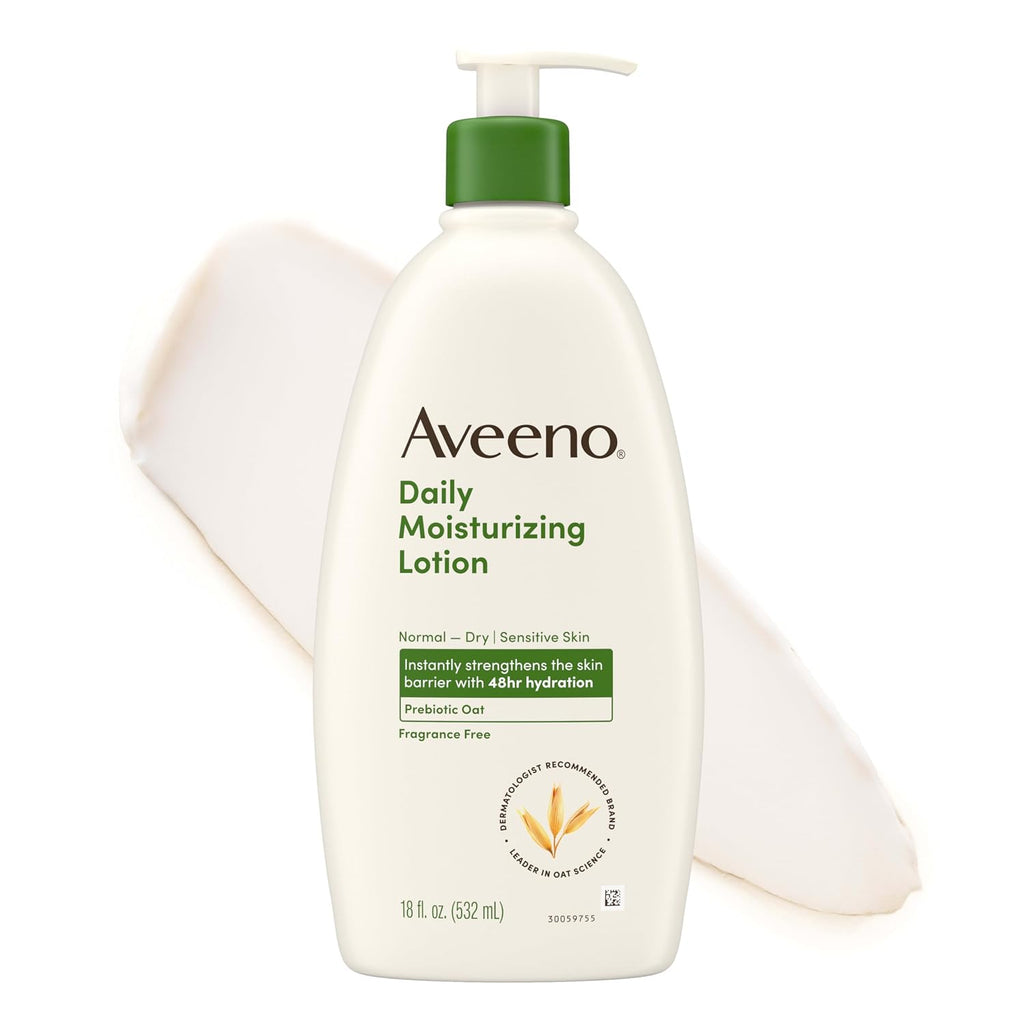 Aveeno Daily Moisturizing Body Lotion For Normal To Dry Skin, Moisturizer With Soothing Prebiotic Oat, Non Greasy, Non Comedogenic, Fragrance Free Body Lotion For Women & Men, 18 Fl Oz