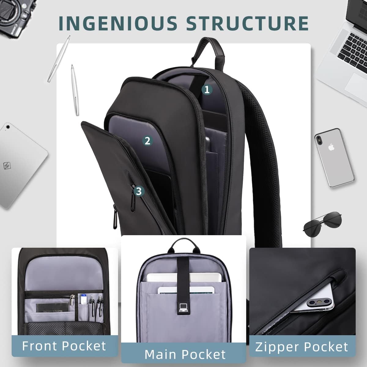 Hk Backpack For Men Business Slim Laptop Bag | Anti Theft Travel Backpacks 15.6 Inch Laptop Water Resistant Computer Bag For Work Office College, Black