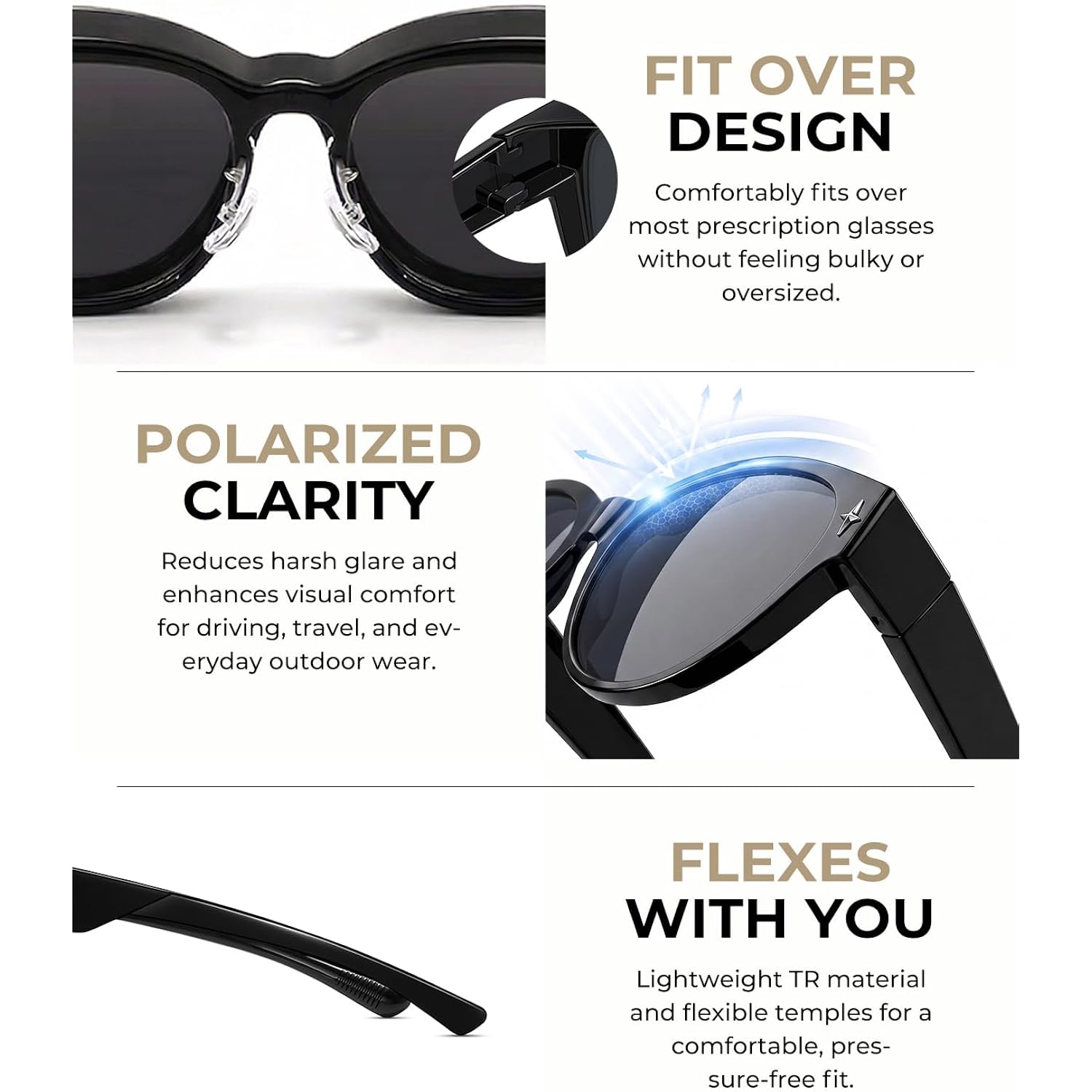 LOHO Sunglasses That Fit Over Glasses, Over Glasses Sunglasses for Women Men, Polarized UV400 Driving Shades Cat Eye Black