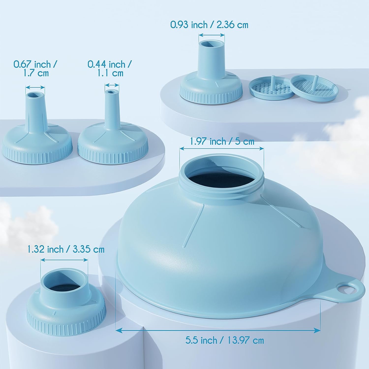 Wide Mouth Versatile Funnel, Canning Funnels For Kitchen Use, Food Grade Plastic Cooking Funnel Set With 4 Size Spouts And 2 Strainers For Filling Different Bottles And Bags, Blue